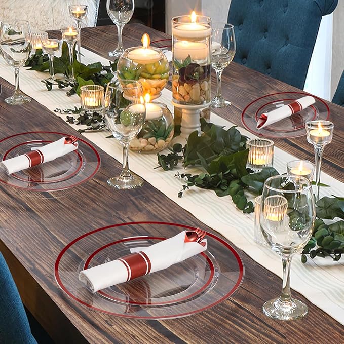 Plates Set for 50 Guests, Red Rim Plastic with Dinner and Salad Plates