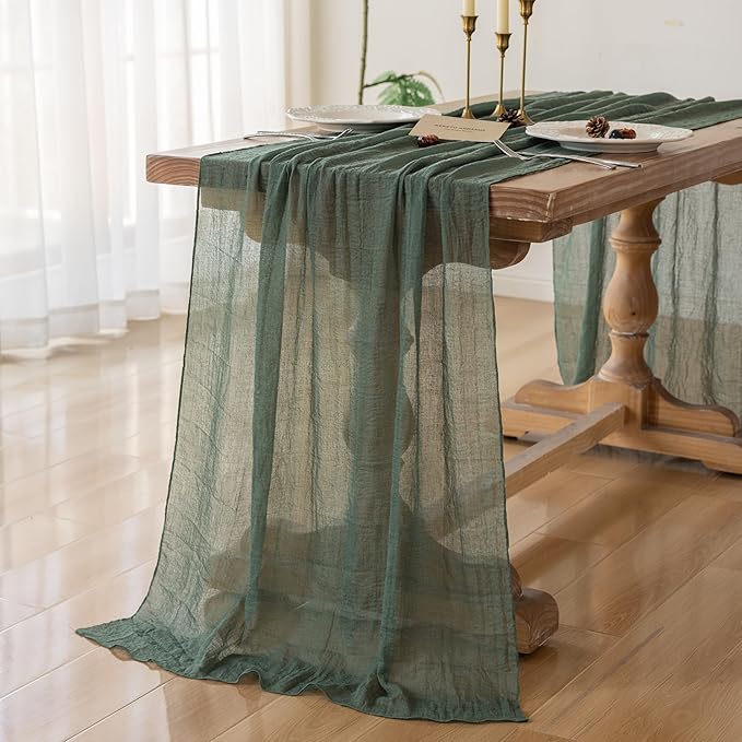 Forest Green Gauze Rustic Cheesecloth Table Runner 120 Inch 10 FT for Wedding Baby Shower Bridal Shower Birthday Engagement Garden Outdoor Party Long Sheer Boho Decorations