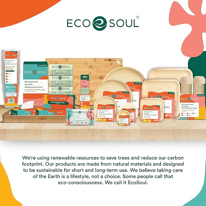 ECO SOUL Compostable 7 & 10 Inch Palm Leaf Square Plates (100 Count) Like Bamboo Plates | Biodegradable | Eco-Friendly, Microwave & Oven Safe - Party Pack