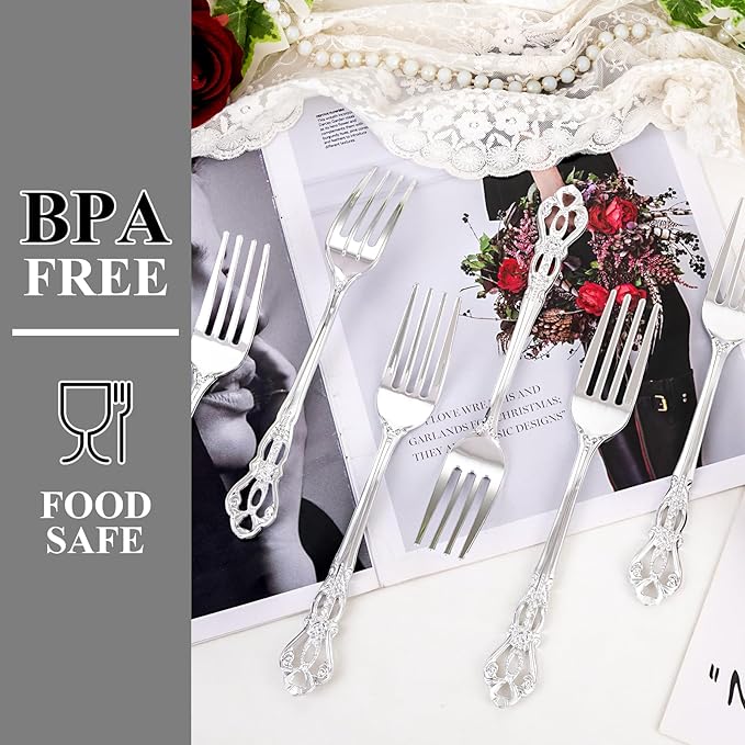 30PCS Silver Plastic Forks - 8.1inch Silver Forks Disposable - Vintage Heavy Duty Dessert Forks - Premium Fancy Plastic Silverware for Parties, Weddings, Dinners and Events