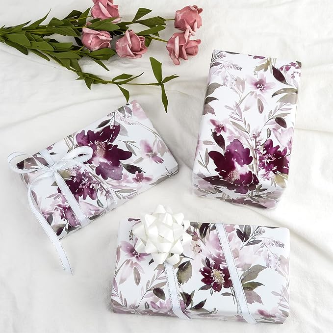 WRAPAHOLIC 30 Inch Jumbo Floral Wrapping Paper - 30 Inch X 33 Feet - Purple Floral Design for Wedding, Birthday, Mothers Day, Baby Shower, Anniversary, Bridal Shower