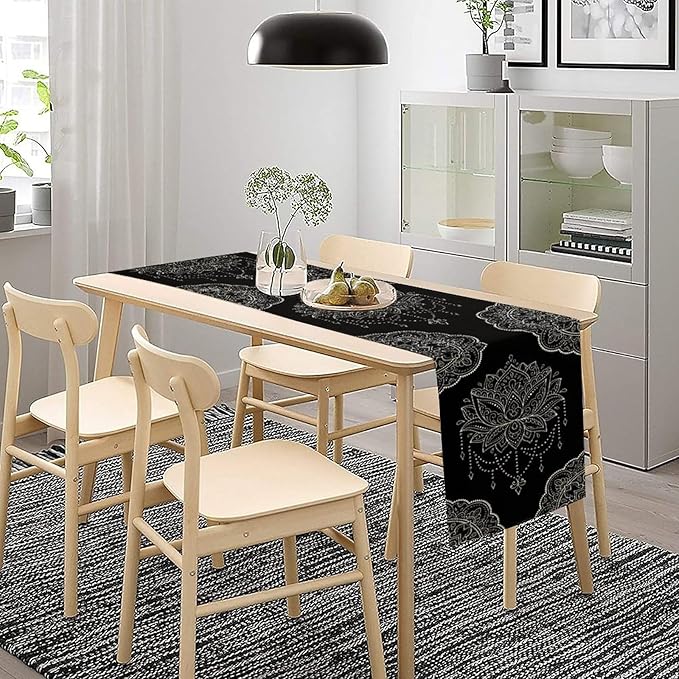 Lotus Flower Table Runner, Bohemian Ethnic Oriental Mandala Black White Floral Print Table Runner for Home Kitchen Dining Indoor Outdoor Dinner Party Decor, 13x120inch
