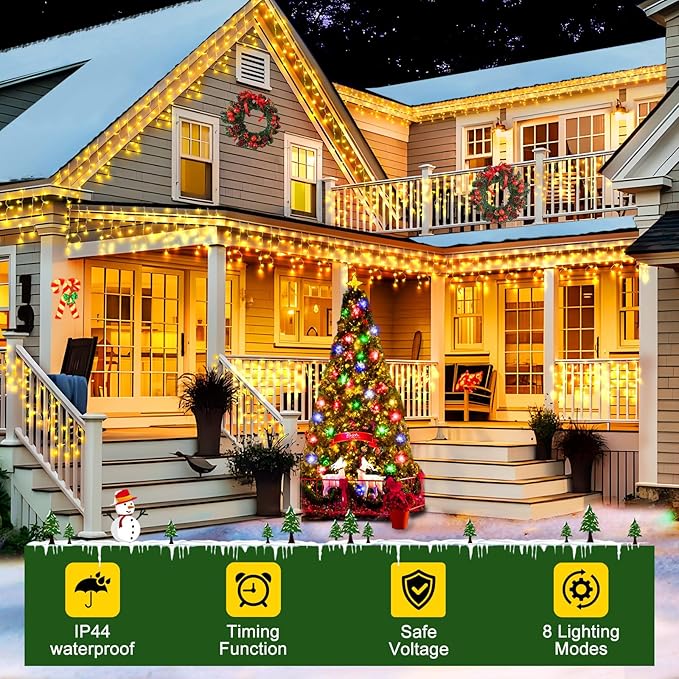 KNONEW 99ft 960 LED Christmas Lights Outdoor Decorations with 180 Drops, 8 Modes Curtain Fairy Light, Clear Wire LED String Light Indoor Decor for Wedding Party Christmas(Warm White)