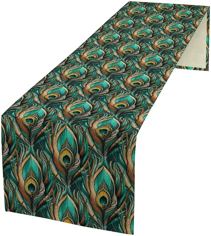 Peacock Feather Table Runner,Retro Aesthetic Green Table Runner for Home Kitchen Dining Party Indoor Outdoor Decoration 13x108 Inch