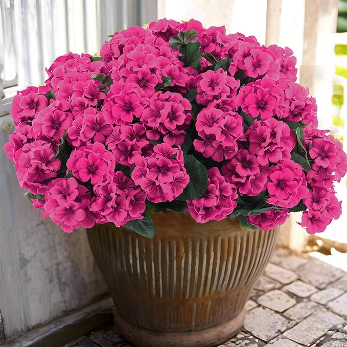 Hananona Artificial Geranium Flowers for Outdoors Geranium Silk Flowers Outdoor UV Resistant Garden Plants Faux Flowers for Home Kitchen Table Centerpieces Decor (12, Rose Red)