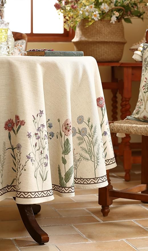 ISAENNE Designer Off White Linen Round Tablecloth,Floral Elegant Table Cloth,Stain Resistant Vintage Decor Tablecloths for Dining Thanksgiving Kitchen Christmas,Diameter 67"-Serenity G