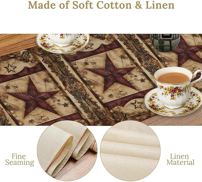 Wild West Table Runner, Rustic Farmhouse Texas Star Vintage Rodeo Cowboy Old Sign Wild West Print Pattern for Home Kitchen Table Decor Dining Coffee Room Garden Party Decor 13x72in