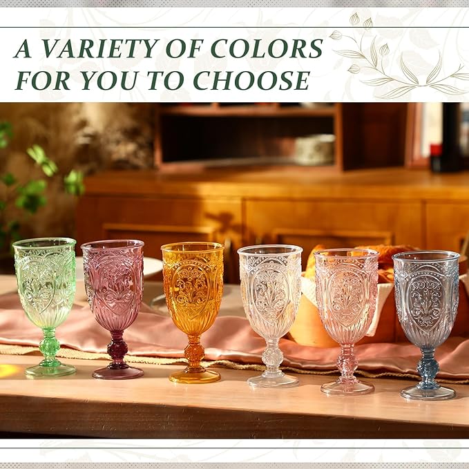 36 Pack Plastic Goblets 10oz Upgrade Vintage Water Goblet Plastic Wine Glasses Colored Retro Embossed Glassware for Party Wine Bar Juice Baby Shower Wedding Reception Grand (Blue)