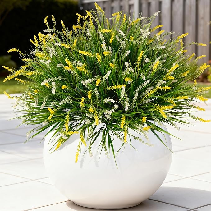 Artificial Greenery Plants, 12 Bundles Yellow and White Faux Monkey Grass