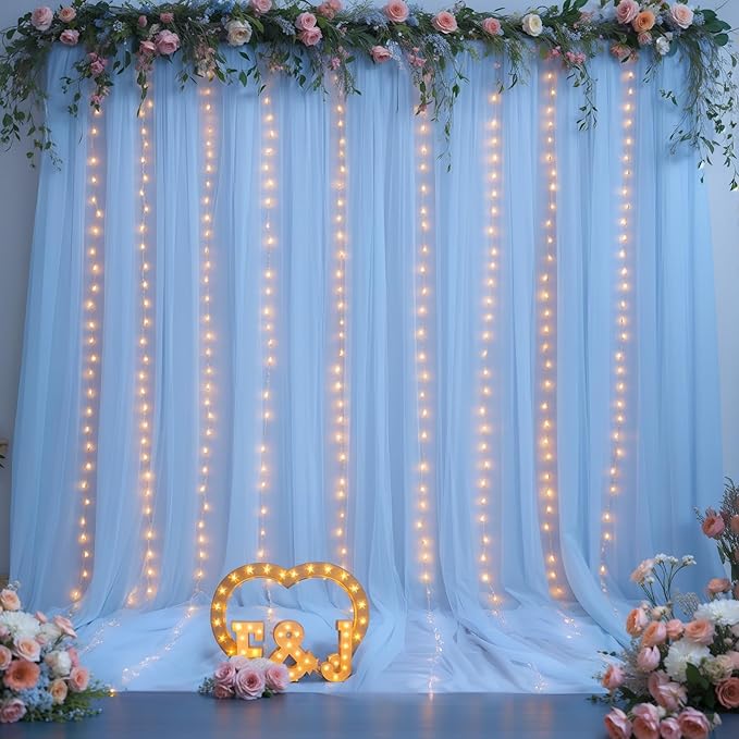 20x8ft Baby Blue Tulle Backdrop Curtains with Lights for Party Wedding Baby Shower, Sheer Drape Backdrop Curtains for Birthday Party Photo Booth Background Decoration