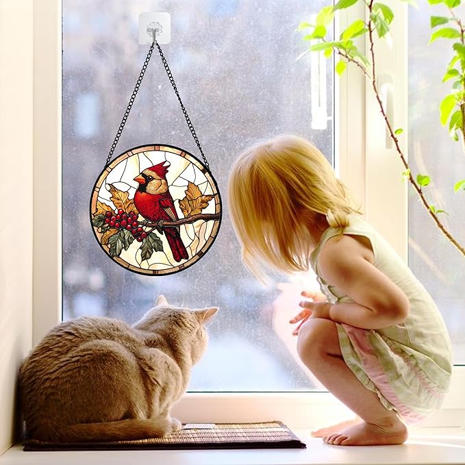 Stained Glass Window Hanging, Birds on a Branch Cardinal Sun Catchers Diamond Glass Panel Hangings Suncatcher Decor for Birthday for Women, Men, Wife, Aunt, and Mom 6.3 in