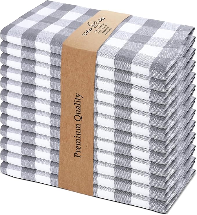Cloth Dinner Napkins Set of 6, Grey Checkered Cotton, 20x20 Inch