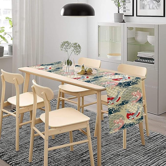 Japanese Table Runner Oriental Tradition Kio Fish Art Printed Burlap Runner Home Kitchen Dining Table Living Room Decor Fabric 1 Panel W13xL108in