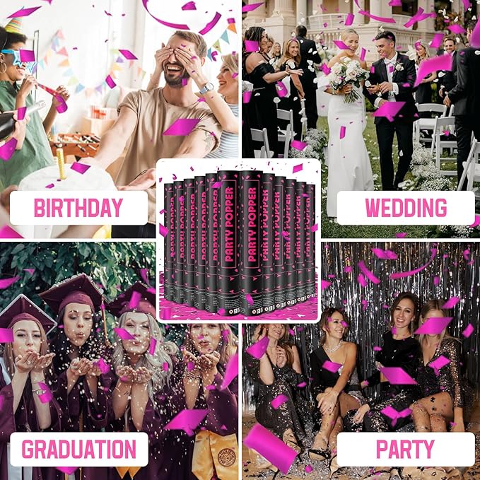 Party Poppers Confetti Cannon 12 Pack Royal Pink Confetti Popper Cannons 12Inch Mylar Shooters Foil Pink Party Bulk for Wedding Birthday Graduation Baby Gender Reveal Christmas New Year Celebration