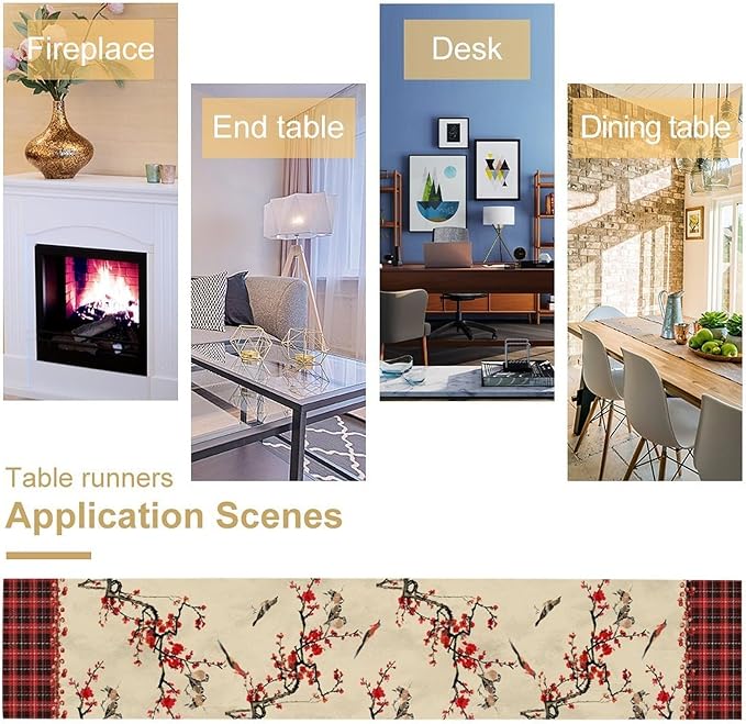 Bird Table Runner,Red Black Buffalo Plaid Blossom Seasonal Table Runner for Kitchen Dining Table Decoration Home Party Decor 13x90 Inch