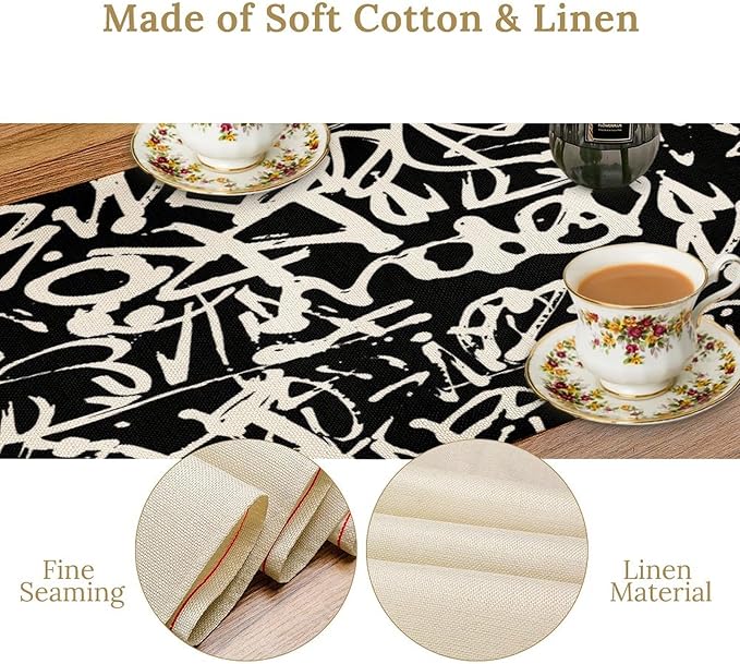 Graffiti Table Runner,Black White Abstract Messy Art Theme Pattern Print Tablecloth Burlap for Hotel Indoors Outdoor Dining Room Kitchen Home Decor,W13X L90 in