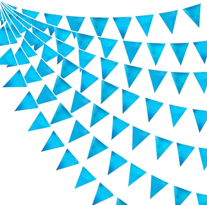 Sky Blue Party Decorations - Light Blue Triangle Pennant Banner Flag - Metallic Fabric Bunting for Graduation, Wedding, Retirement, Birthday, Under The Sea, Nautical, Ahoy, Party Decor Supplies