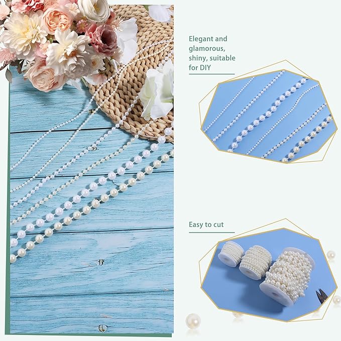 Pearls String Beads 33 Feet Crafts Faux Pearl Roll for Christmas Garland Flowers Wedding Party Jewelry Decoration(5mm White)