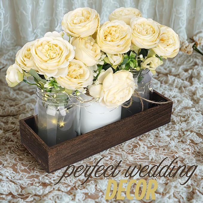 Champagne Floral Mason Jars for Centerpieces – Rustic Table Centerpiece Decorations with Lights & Tray – Wedding Centerpieces for Tables, Dining Room, Party or Reception Decor Kitchen Counter