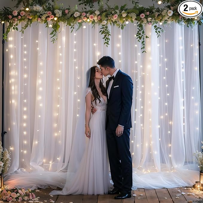 White Tulle Backdrop Curtain with Lights String, 10ft x 10ft for Weddings Baby Showers Birthday Parties, Sheer Wrinkle Free Backdrop, Easy to Install Photo Booth Background Decorations