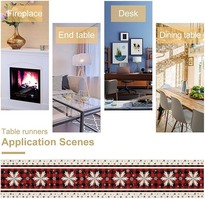 Snowflakes Christmas Table Runner,Red Buffalo Plaid Seasonal Winter Kitchen Dining Table Decoration for Home Party Decor 13x60 Inch
