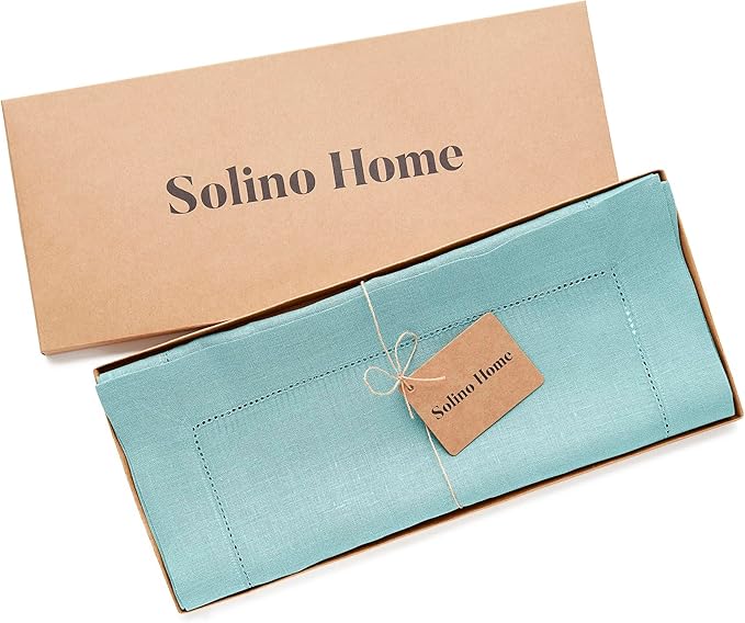 Solino Home Linen Aqua Blue Table Runner 72 Inches Long - 100% Pure Linen Hemstitch Table Runner 14 x 72 Inch for Dresser, Dining - Classic Hemstitch