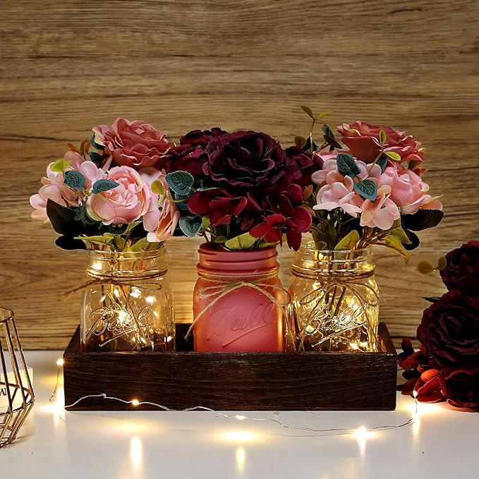 Mason Jar Lights Centerpiece for Table, Mason Jar Centerpiece Decor for Dining Room Farmhouse Coffee Table Decor with Wood Tray Fairy Lights Peony Flowers for Kitchen Living - Burgundy Pink