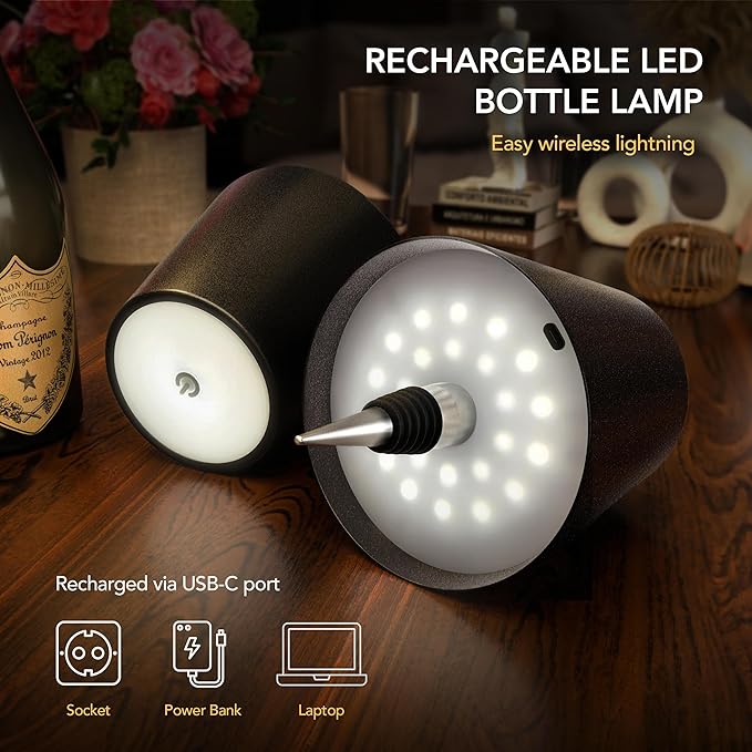 Wireless LED Lamp for Any Type of Bottle - Indoor & Outdoor - 100% Waterproof - Adjustable Brightness and Light Temperature 3000-6000K - Rechargeable (Pink)
