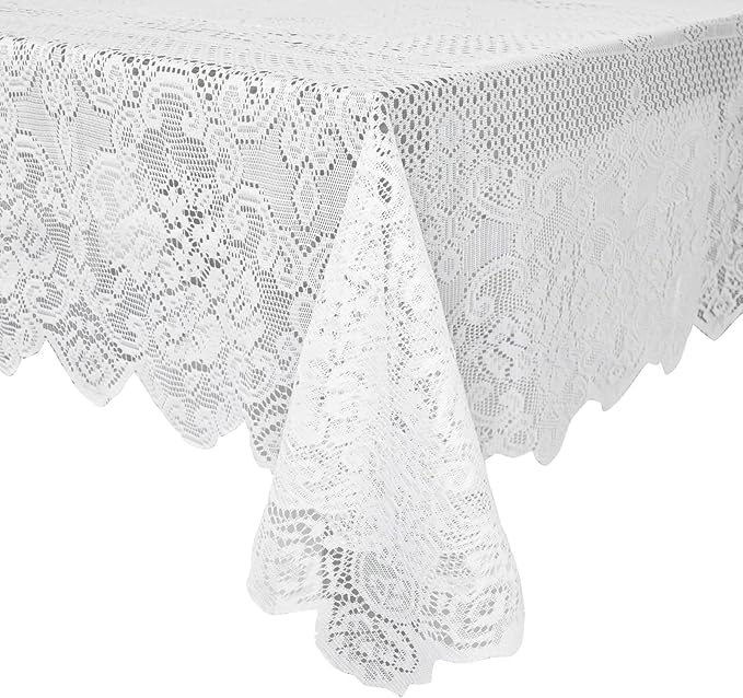 Juvale Rectangular Lace Tablecloth - White Lace, 54 x 72 in Vintage Floral Scalloped Polyester - Wedding & Tea Party Table Cloth & Baby Shower Tablecloth