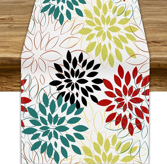 Abstract Red Dahlia Vintage Table Runner, Geometric Lines Mid Century Vintage Modern Colorful Table Runner for Party Kitchen Dining Living Room Laundry Room Decor, 13x120 Inch