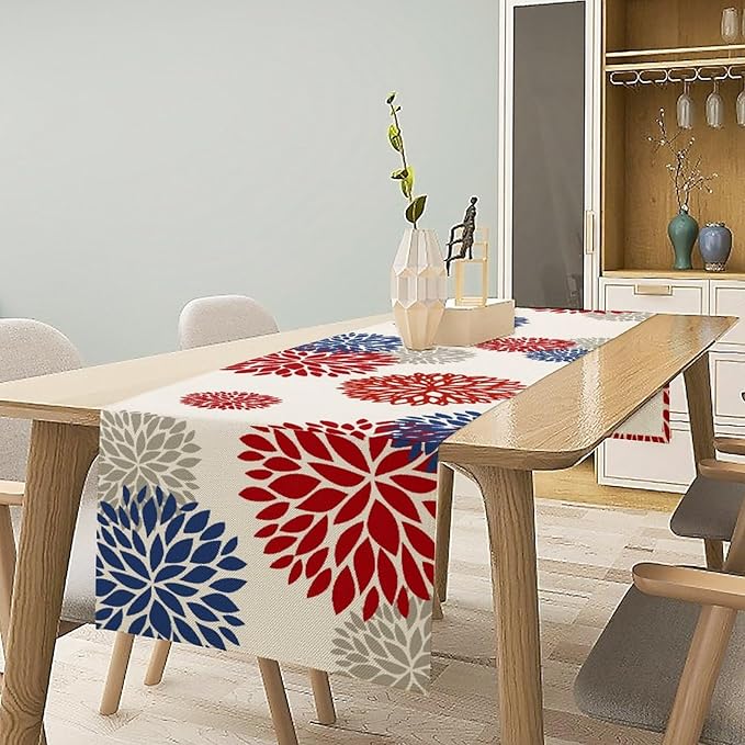 4th of July Table Runner, Blue Red Dahlia Flower American Patriotic Memorial Day Table Runner for Farmhouse Kitchen Dining Table Party Decor, 13x60inch