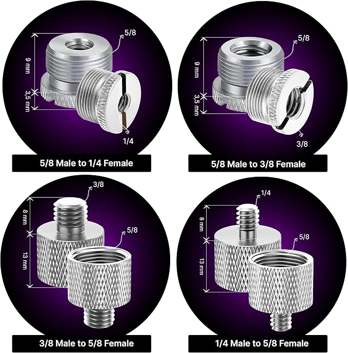 IXTECH Mic Stand Adapter Set 8 pieces Metal Microphone Stand Screw Thread Adapter 5/8 Female to 3/8 Male 3/8 Female to 5/8 Male 5/8 Female to 1/4 Male 1/4 Female to 5/8 Male Tripod Adapter ADP03 Slvr