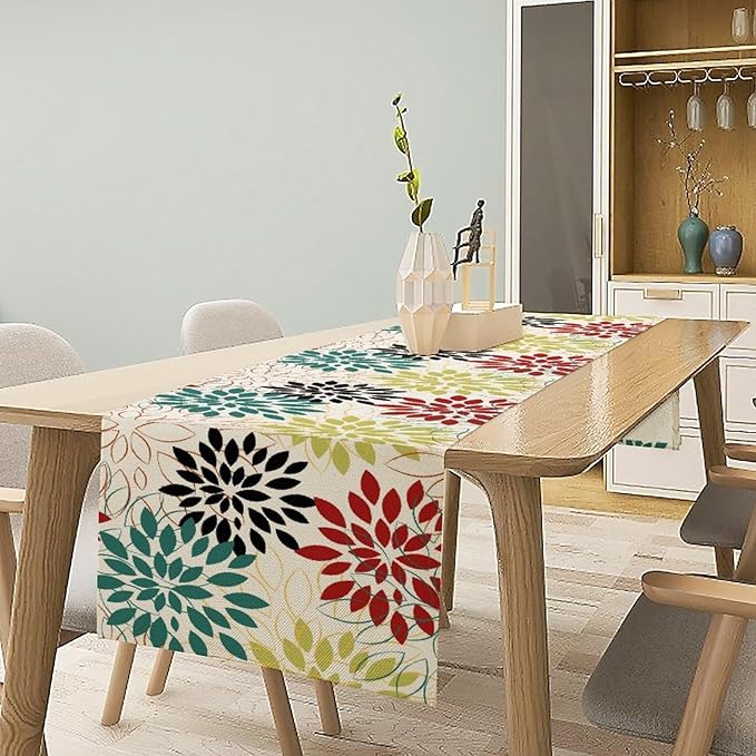 Abstract Red Dahlia Vintage Table Runner, Geometric Lines Mid Century Vintage Modern Colorful Table Runner for Party Kitchen Dining Living Room Laundry Room Decor, 13x70 Inch