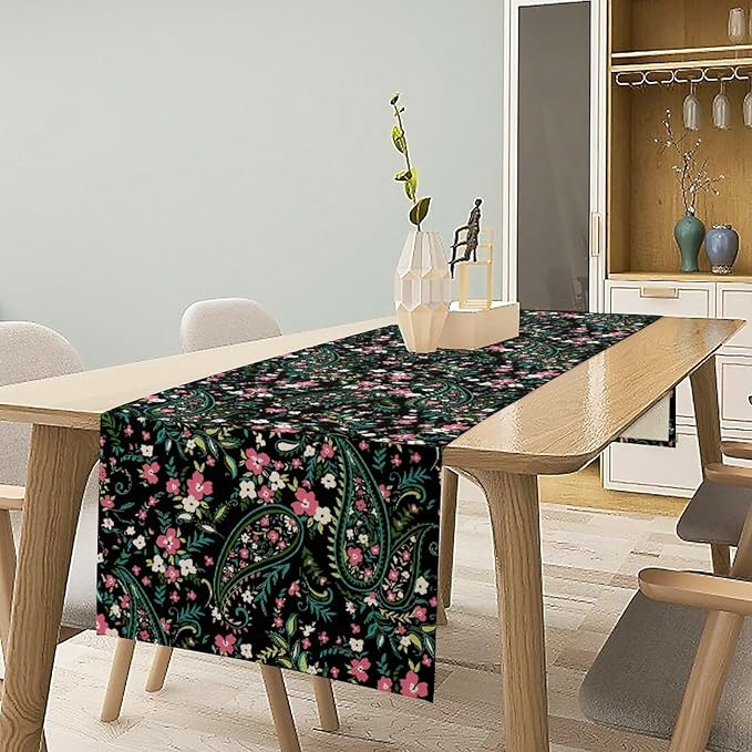 Paisley Table Runner, Abstract Vintage Boho Pink Paisley Flowers Green Teal Leaves Print Table Runner for Dinning Holiday Party Indoor Outdoor Decor, 13x90inch