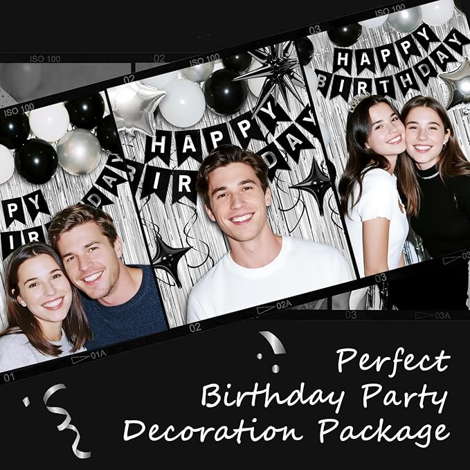 29th Birthday Decorations for Men Women, Black Silver Happy Birthday Party Decorations， 29 Year Old Party Supplies with Number 29 Balloons, Banner, Fringe Curtains Kit