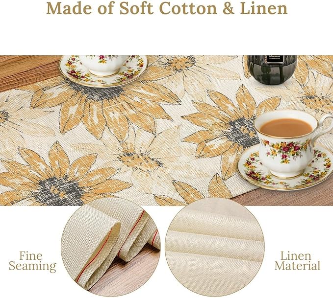 Chrysanthemum Vintage Floral Table Runner, Elegant Grunge Orange Sunflower Spring Summer Elegant Pattern Artichokes Flower Table Runner for Party Kitchen Dining Living Room Decor, 13x60 Inch