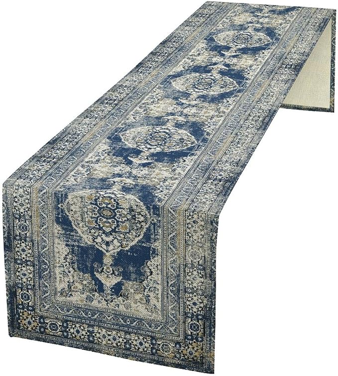 Vintage Boho Floral Table Runner, Rustic Country Farmhouse Blue Teal Retro Flower Pattern for Home Kitchen Table Decor Dining Coffee Room Party Decor 13x36in