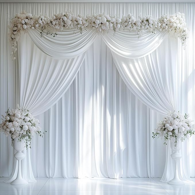 10ftx16FT Wrinkle Free White Backdrop Curtain, 2 Panels 16FT Height White Wedding Backdrop Drapes, Silky Polyester Back Drop Cloth for Birthday Photography Background Party Backdrop Draping