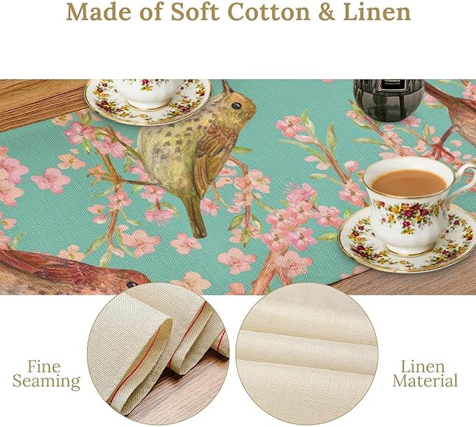 Table Runner with Flowers and Birds, Spring Plant Flowers Table Decoration Linen Table Runner Family Party Party Decorations 13x70 Inches