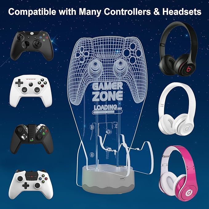 Light up Headset and Controller Stand, 16 Colors 3D LED Lights Gamepad Headphone Holder with Remote Control, Game Controller Hanger for All Universal Gaming PC Accessories