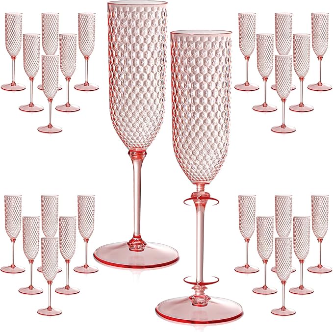 Champagne Glasses, 48 Pack Pink Detachable Plastic Flutes