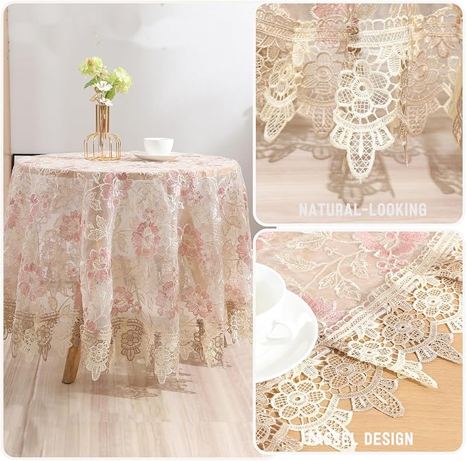 Lace Floral Tablecloth Vintage Round Tablecloth Decorative Exquisite Border Table Cover for Party Wedding Home Decorations, Round-48, Pink