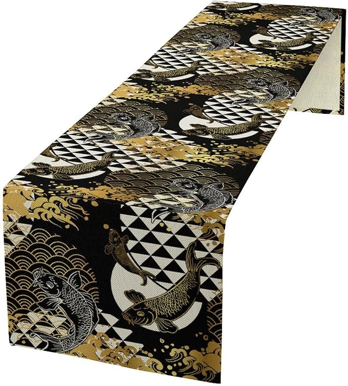 Japanese Table Runner Oriental Tradition Kio Fish Gold Art Printed Burlap Runner Home Kitchen Dining Table Living Room Decor Fabric 1 Panel W13xL120in