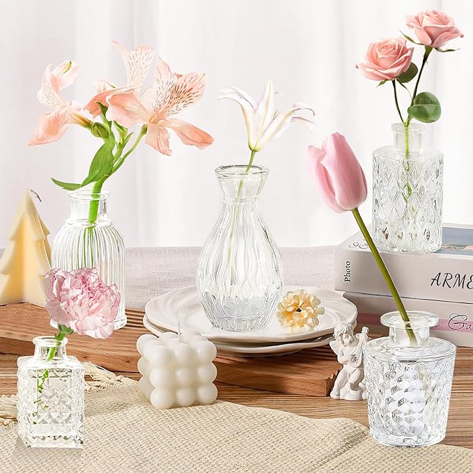Bud Vases - in Bulk 24,Vintage Small Glass Bud Vases for Flowers, Clear Crystal Mini Glasses in Bulk, Small Flower Design for Centerpieces Wedding Decorations Home Flower Party Decor
