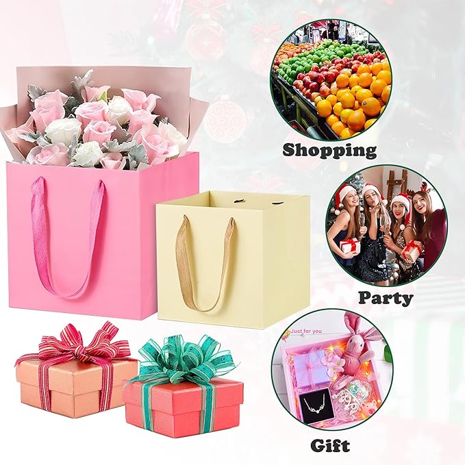 Paper Square Gift Bags with Handles, 12 x 12 x 12 Inch 10-Pack, Kraft Brown