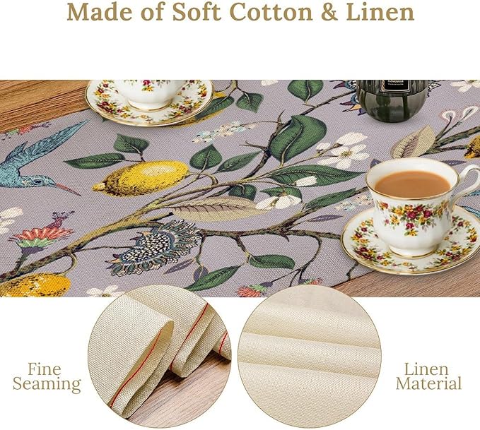 Table Runner with Flowers and Birds, Spring Plant Flowers Table Decoration Linen Table Runner Family Party Party Decorations 13x70 Inches