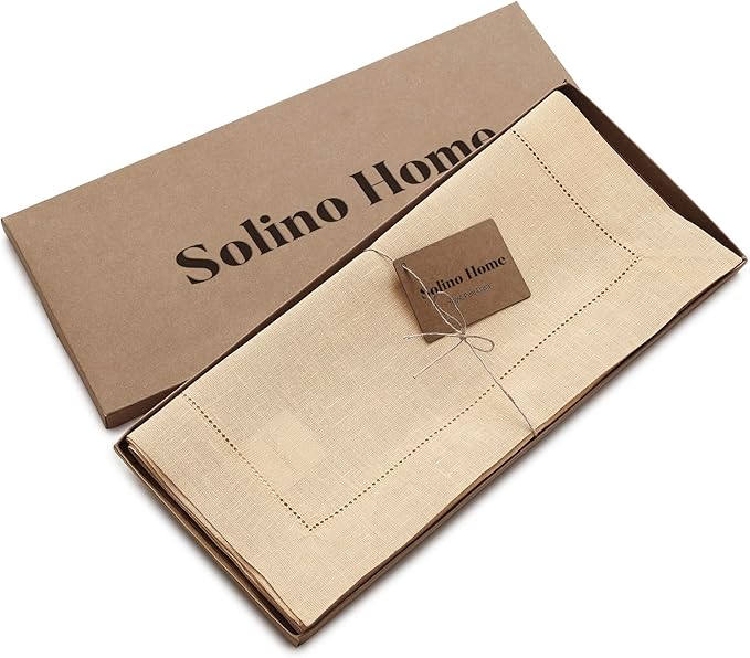 Solino Home Linen Hemstitch Table Runner 60 Inches - 100% Pure Linen Beige Table Runner 14 x 60 Inch Ideal for Dresser and Coffee Tables - Fall, Autumn, Thanksgiving, Christmas - Classic Hemstitch