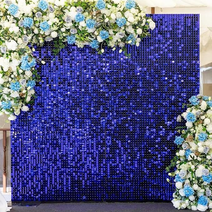Qcity Blue Shimmer Wall Backdrop 30PCS, Black Back Not See-Through Design, Square Sequin Glitter Backdrop Panel, Perfect for Outdoor Events, Birthdays, Wedding and Party Decoration