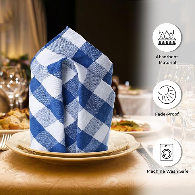 Cloth Dinner Napkins, 100% Cotton Checkered Blue and White, 20x20 Inch