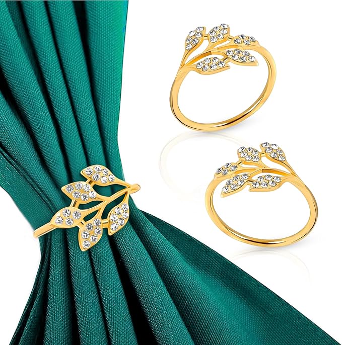 Gold Napkin Rings Set of 10,Napkin Rings Holder Buckles,Thanksgiving Christmas Napkin Ring Alloy Leaf Diamonds Napkin Ring for Dining Table Decor Wedding,Dinner Party Decorations White Diamonds 10pcs